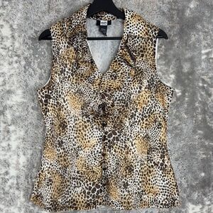 Studio 1940 Womens Size M Leopard Ruffle V Neck Button Top Sleeveless Shirt